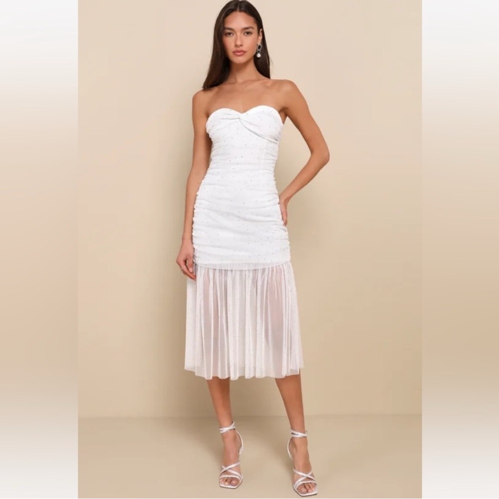 NWT - Lulu's Sparkling Babe White Mesh Rhinestone Ruched Strapless Midi Dress